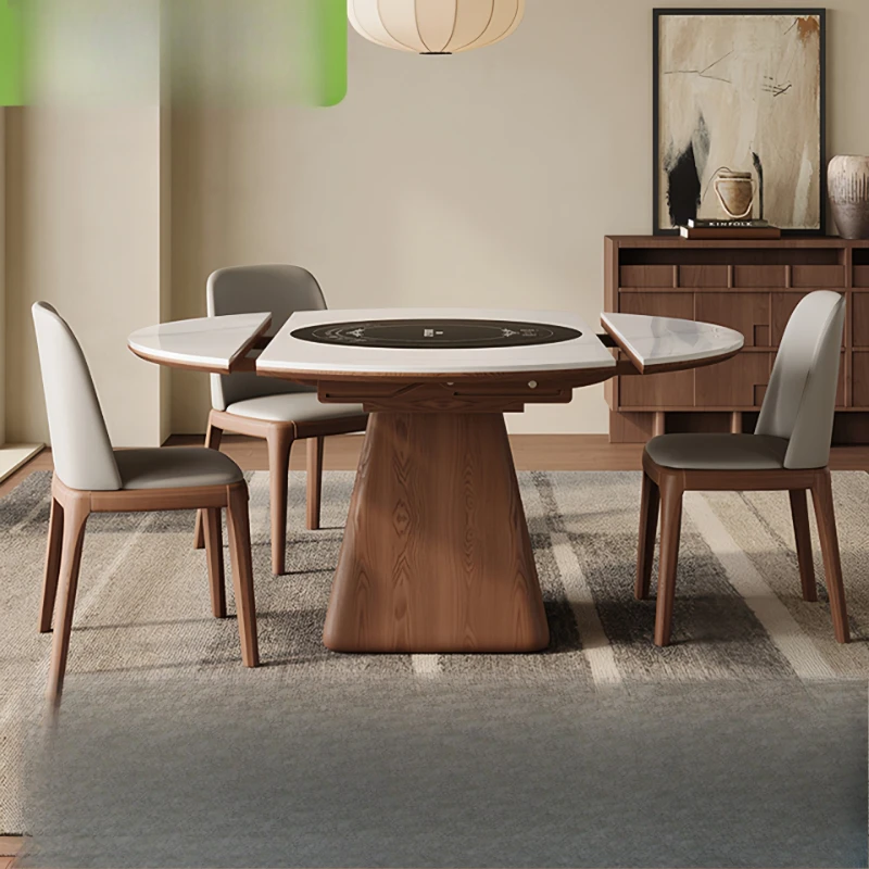 Solid wood telescopic dining table induction cooker intelligent voice warmer turntable slate household dining table and chairs