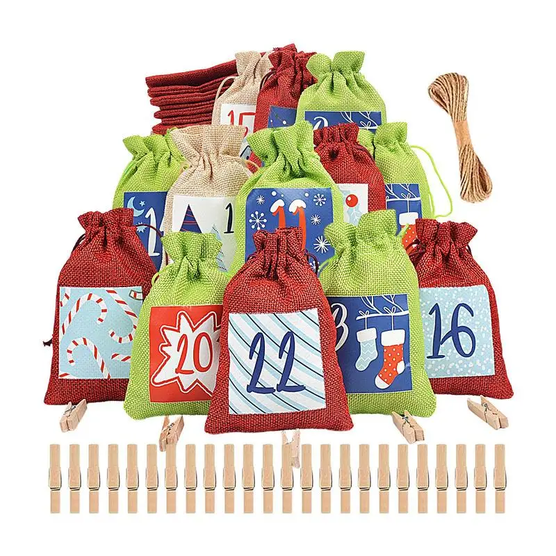 Christmas Countdown Bags 2024 Christmas Candy Bags For Party Favors Reusable 24X Burlap Drawstring Treat Bag Home Decoration