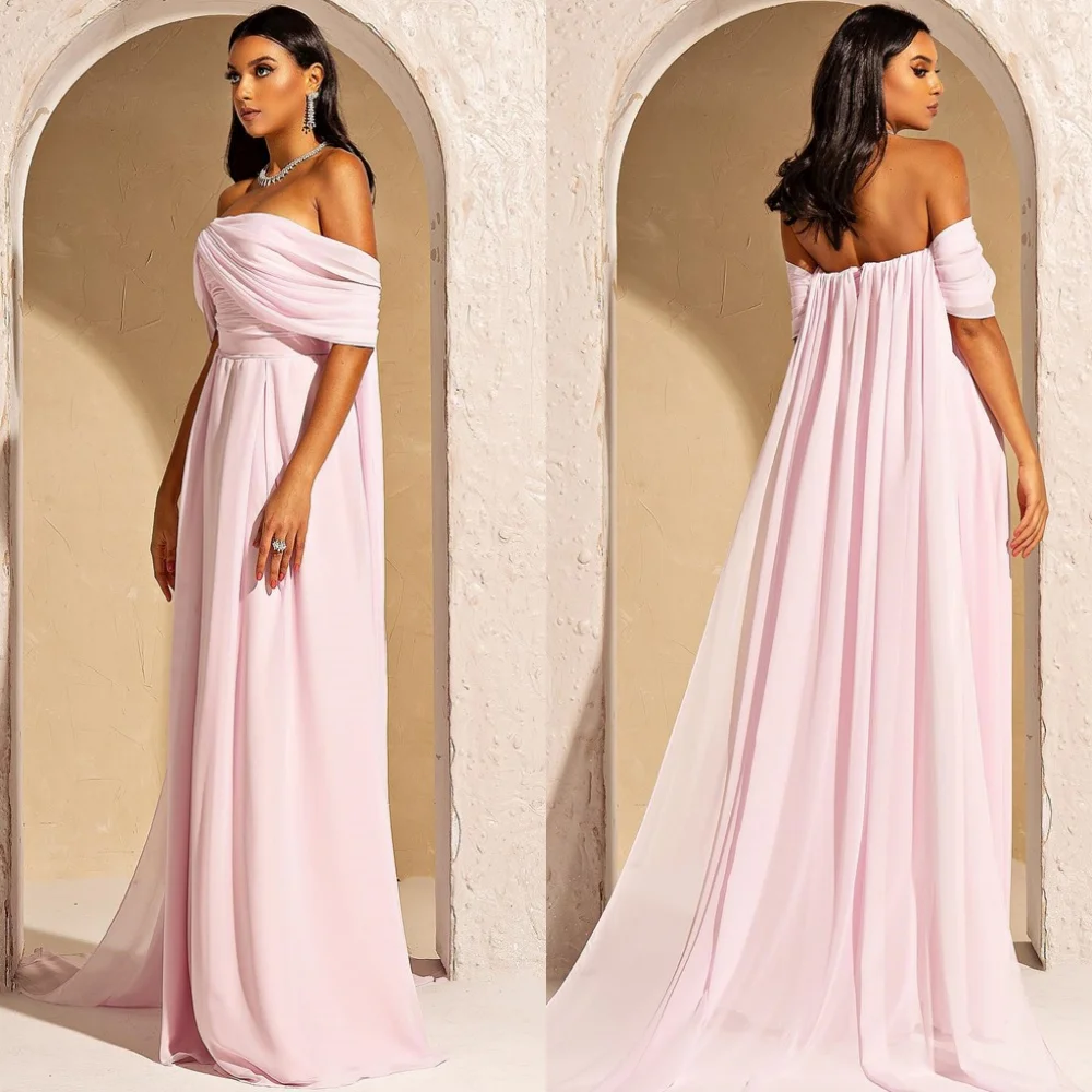 

Customized Formal Pink Chiffon Evening Dress Exquisite Off the Shoulder Homecoming Dresses Fashion Special Occasion Gowns