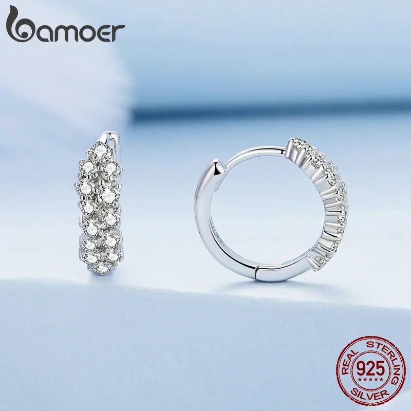 Bamoer 925 Sterling Silver Shiny Zircon Ear Buckles for Women Luxury Earrings Fine Jewelry Anniversary Gift BSE730