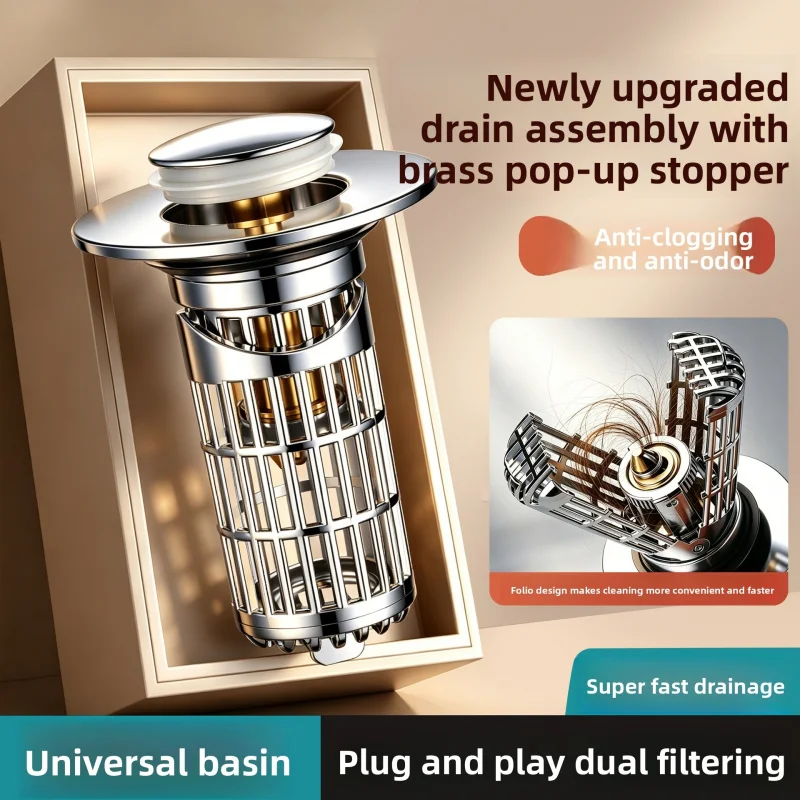 Press-type washbasin pop-up drain with anti-odor and anti-clog double-filter mesh