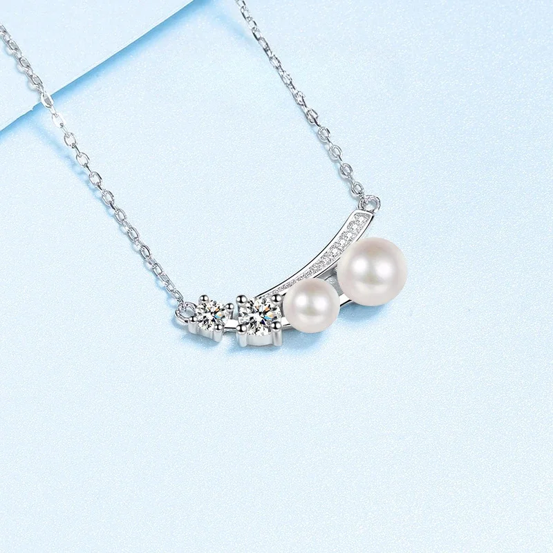 PT950 Platinum Necklace for Women 0.43CT Moissanite Diamond 6mm Freshwater Pearl Pendant Collar Chain Classic Brilliant Gift