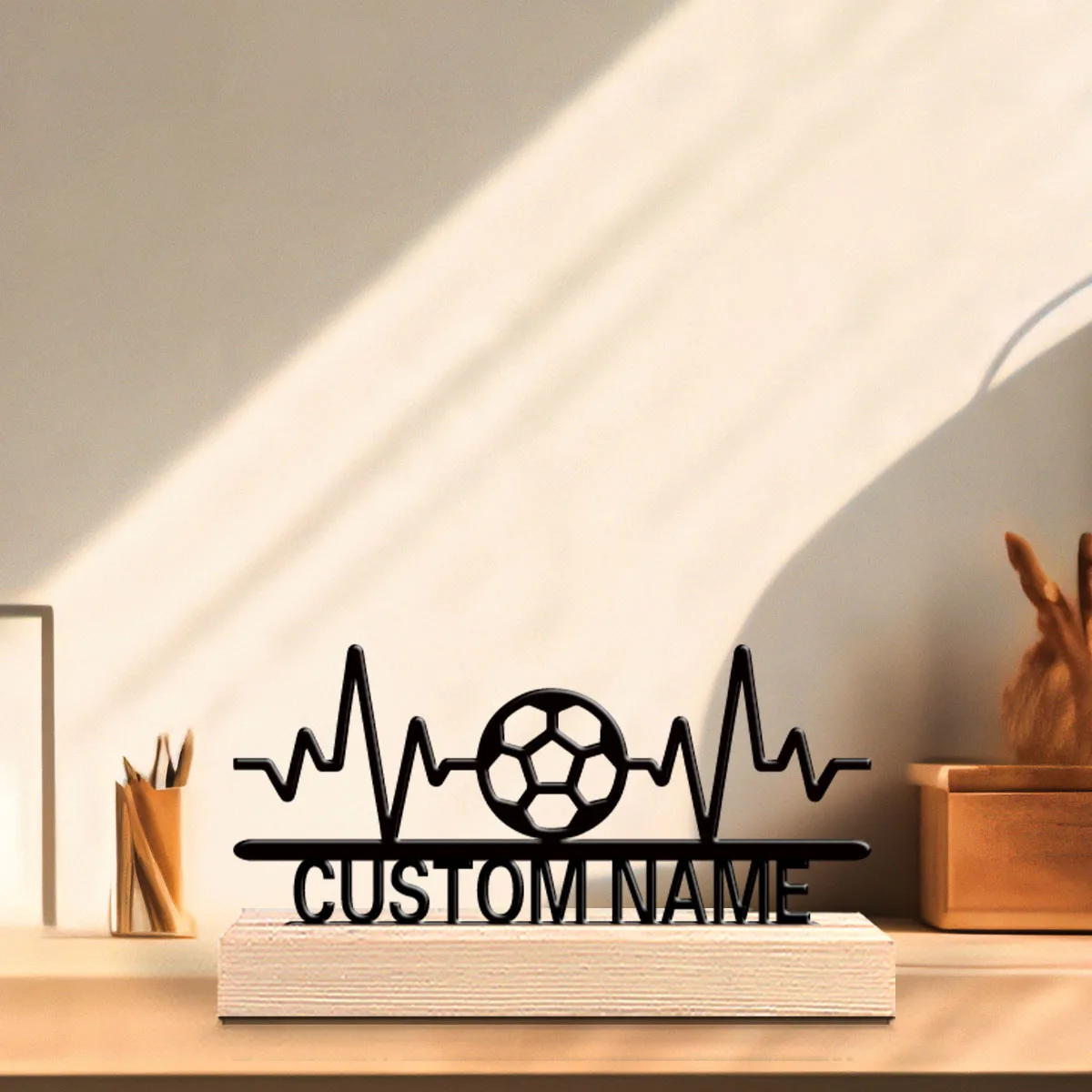 1pc Simple ECG Soccer Customizable Text Metal Statue Art Crafts With Wood Base Metal Sculpture With Wood Base Bedroom Table view 6