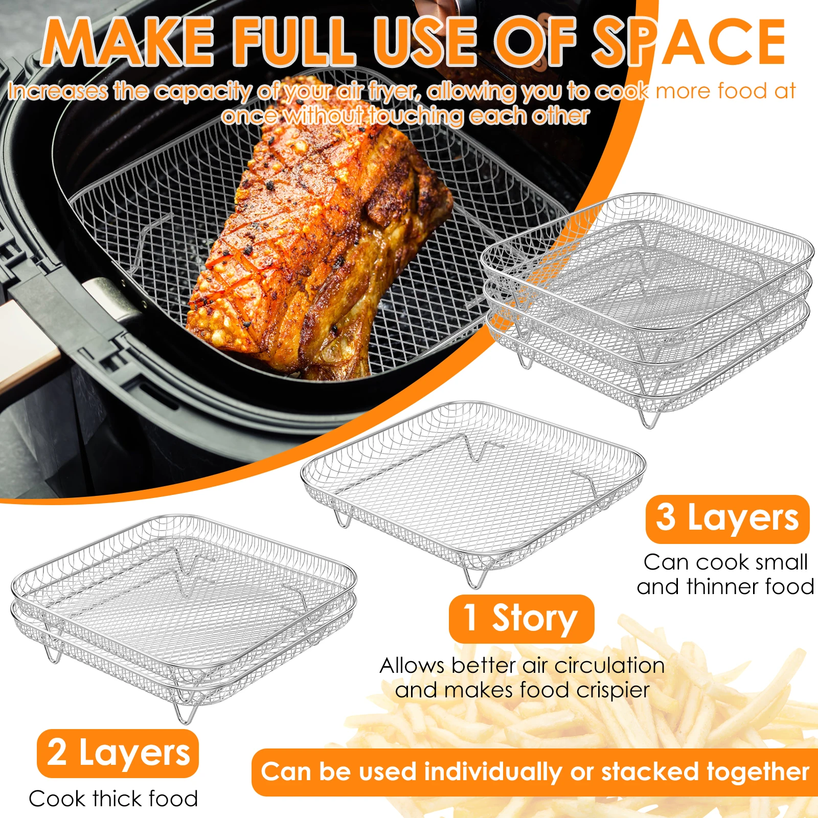 3 Layer Air Fryer Rack Square Grilling Rack Stainless Steel Grill Dehydrator Rack Stackable Basket Kitchen Gadgets Cooking Tools