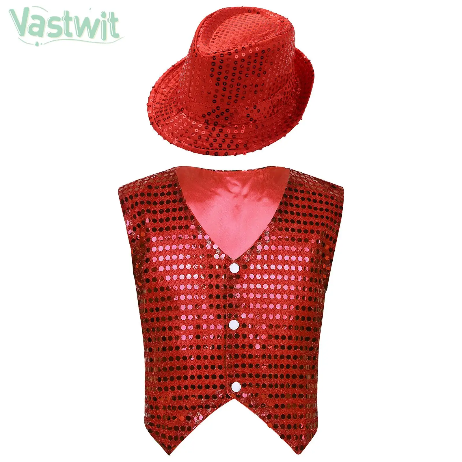 Kids Boys Shiny Sequin Vest Waistcoat with Hat Jazz Dance Choir Performance Costume Christmas Carnival Cosplay Party Clothes