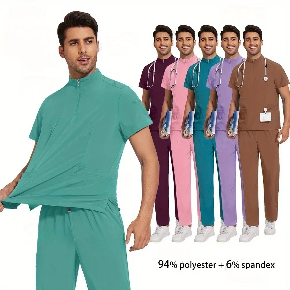

All-in-One Men’s Pet Store Workwear – Soft Solid-Color Scrubs with Practical Stand Collar