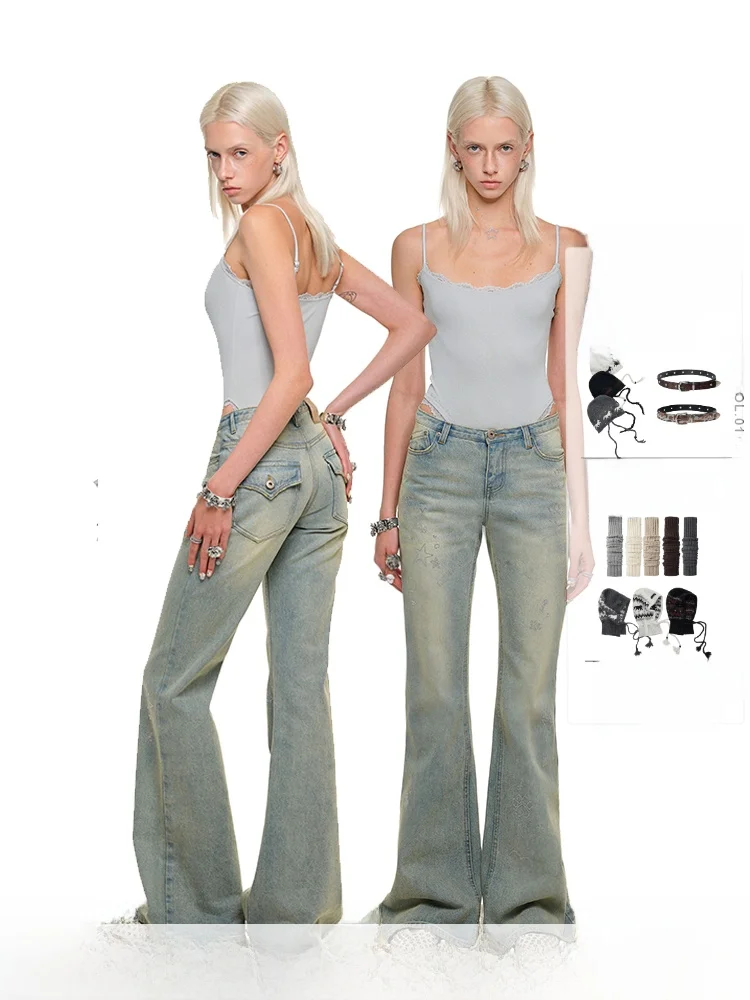 

Джинсовые джинсы-колокольчики с низкой талией, женские утягивающие повседневные брюки со стразами в стиле ретро, весна-осень