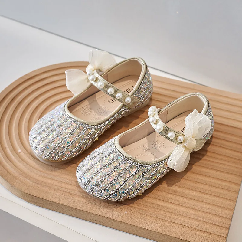 Nuove scarpe in pelle con paillettes per bambini ragazze principessa strass Bowknot scarpe dolce moda bambini ballerine scarpe da festa J221