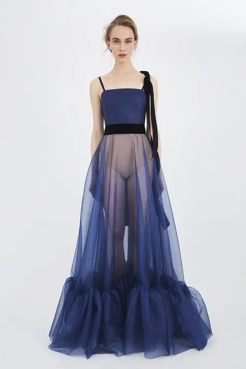 Newest  See Thru Dark Navy Blue Long Tulle Skirts A-line Floor Length Women Maxi Skirts Beach Tutu Tulle Skirt