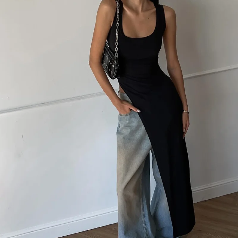 لاموسا لانگ ٹینک ٹاپس y2k کپڑے خواتین کے آرام دہ اور پرسکون ٹھوس رنگ بغیر آستین کے غیر متناسب ہیم ٹی شرٹ بنیان 2000 کی دہائی کے کپڑے اسٹریٹ ویئر