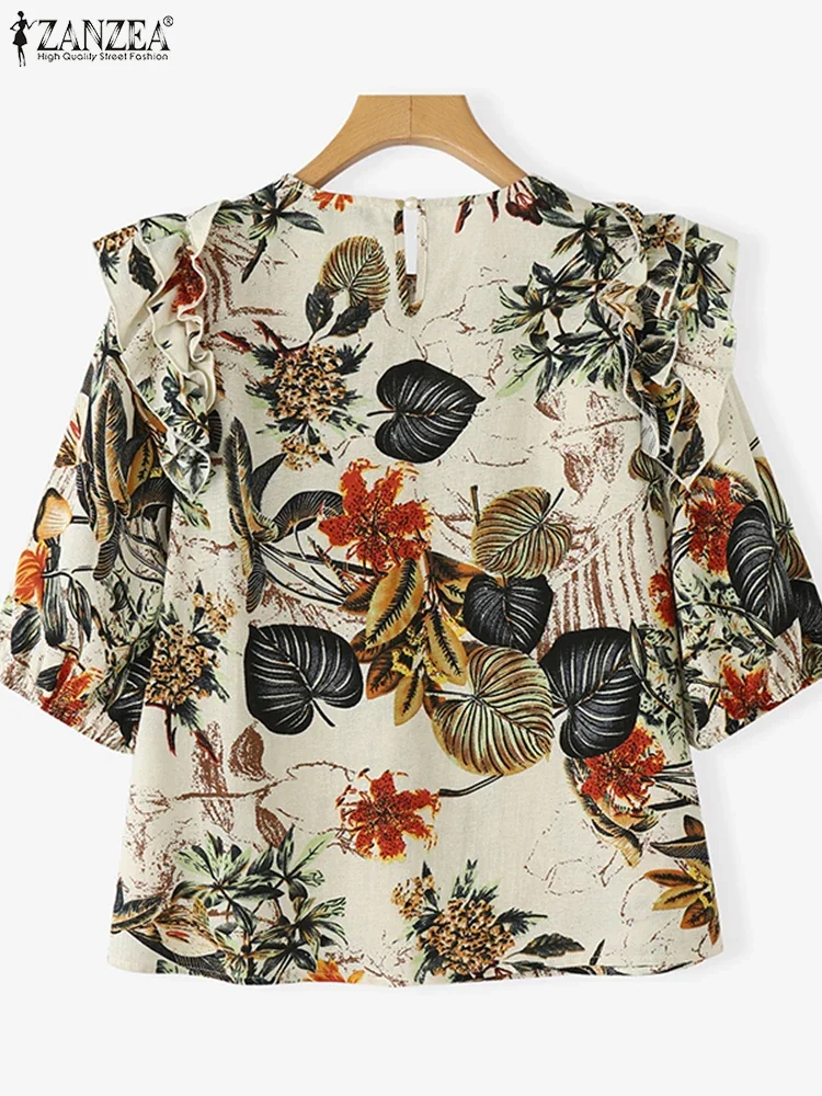 ZANZEA Vintage Summer Blouse Short Sleeve Women Ruffled Shirts 2025 Printed Tunic Tops Casual Loose Bohemian Blusas Cotton Tees