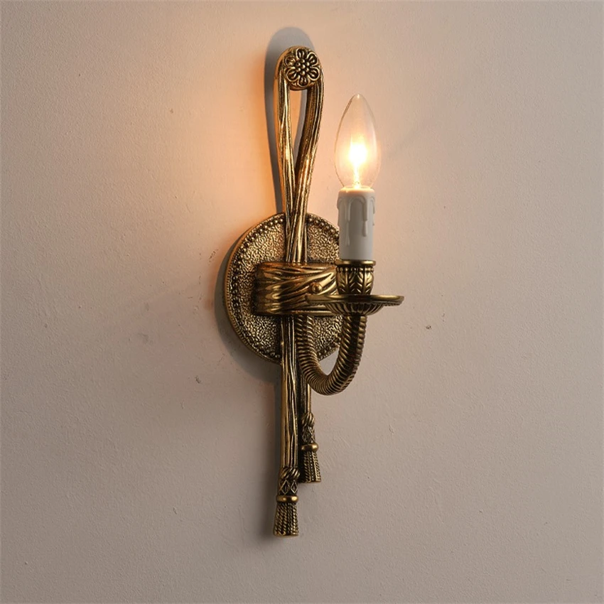 American retro all-copper wall lamps French loft luxury bedroom bedside lamp living room candlestick decorative sconces lights