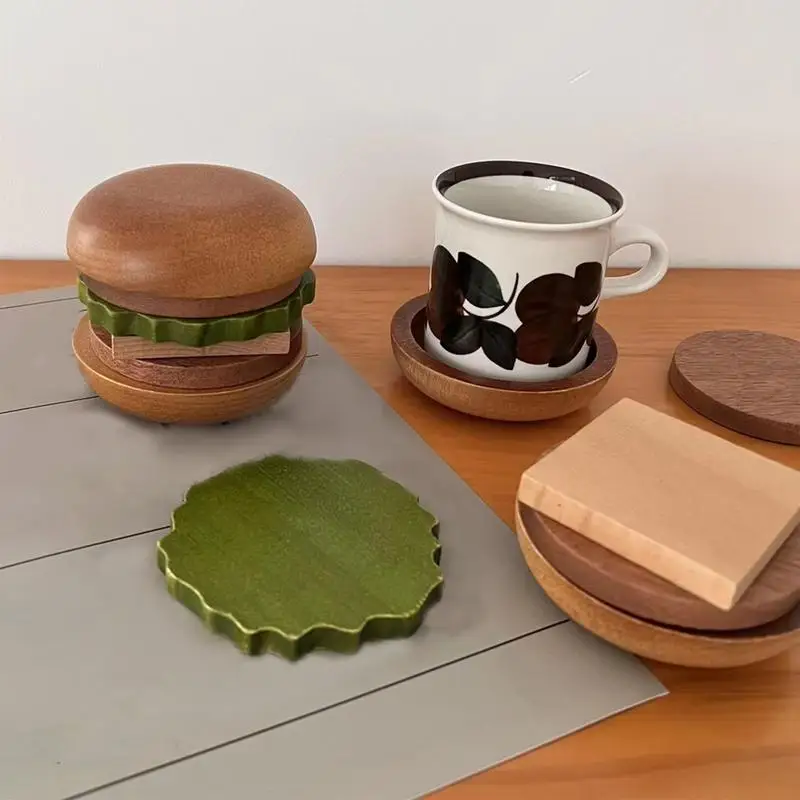 

6pcs Insulated Placemat Creative Hamburger Shaped Solid Wood Insulated Placemat Multifunctional Coaster Home Kitchen Desktop