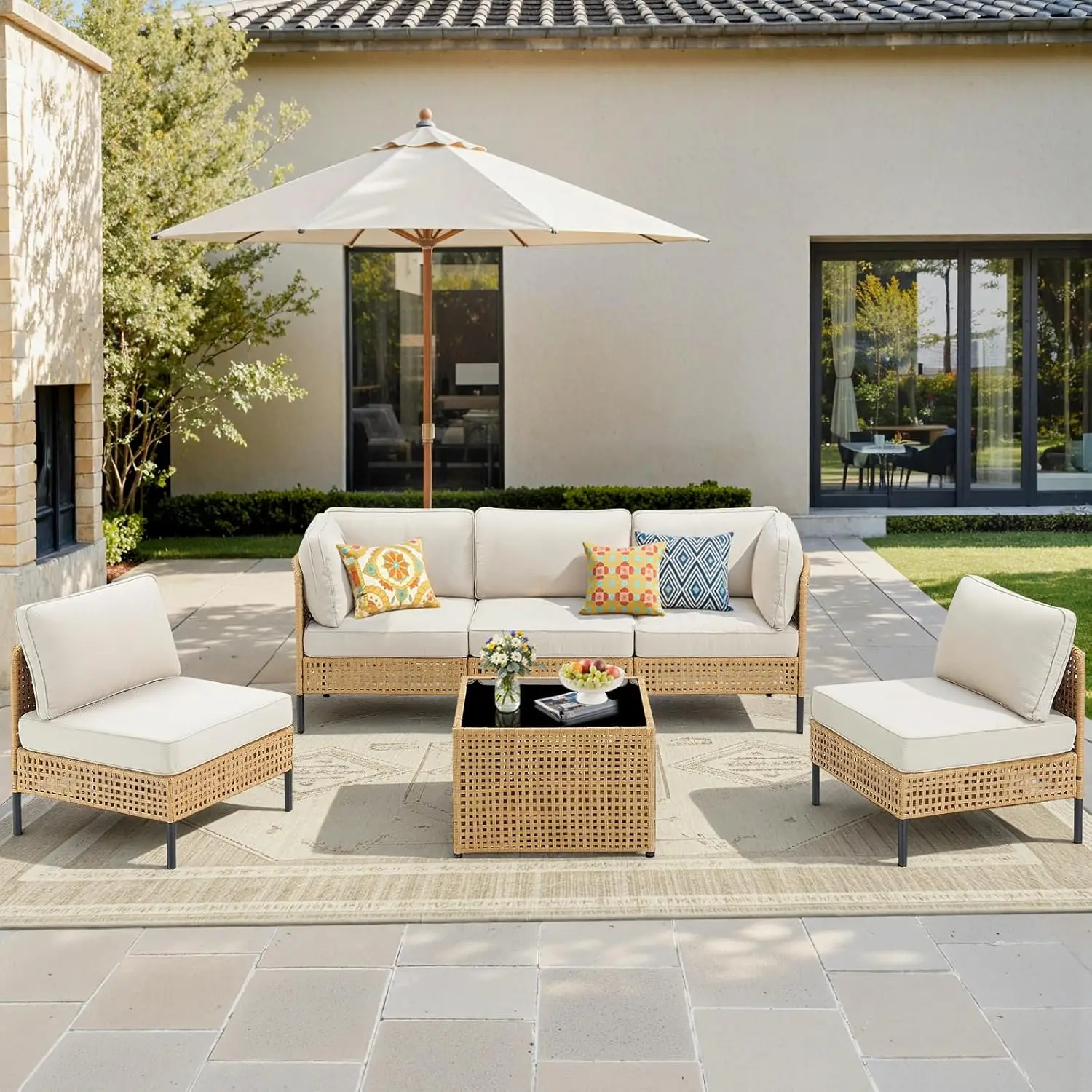 

6-Piece Patio Sectional Set Waterproof Outdoor Seating Thick Cushions Wicker Conversation Garden Poolside, Customized