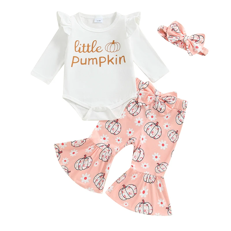 

Newborn Baby Girl Halloween Outfit Little Pumpkin Ruffle Romper Pumpkin Floral Flared Pants Headband Set 0-18M