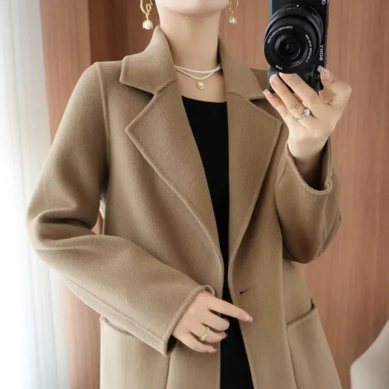 Women‘s Suit Neck Coat 2024 Woman Autumn Winter Mid-Length lining Coat Slim Solid Color Woolen Jacket Female