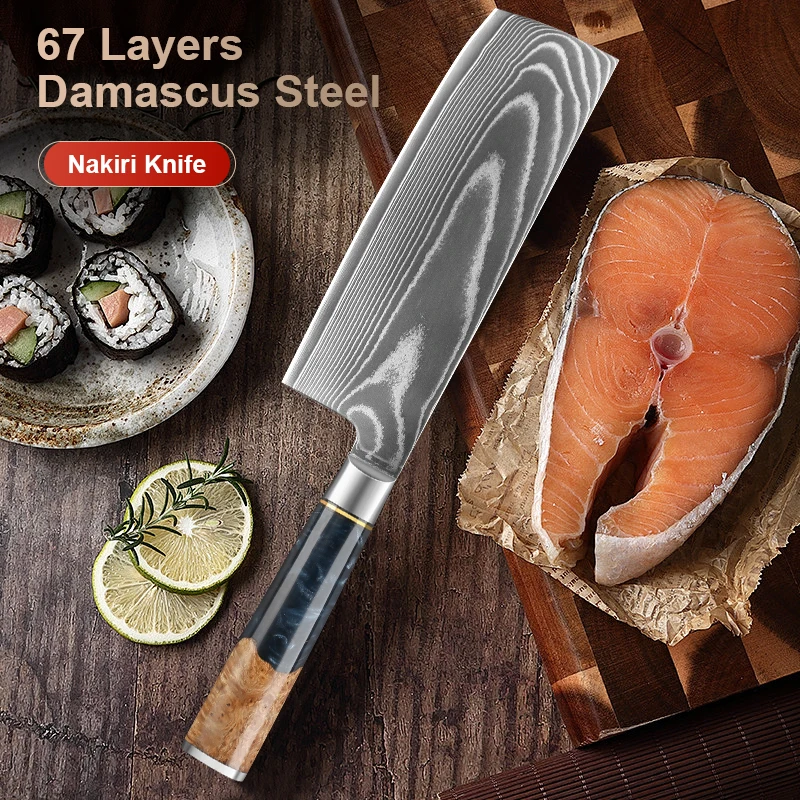 

7-дюймовый нож Накири, 67-слойный кухонный нож из дамасской стали, Pro, кухонный нож для нарезки овощей и мяса с ручкой из черной смолы