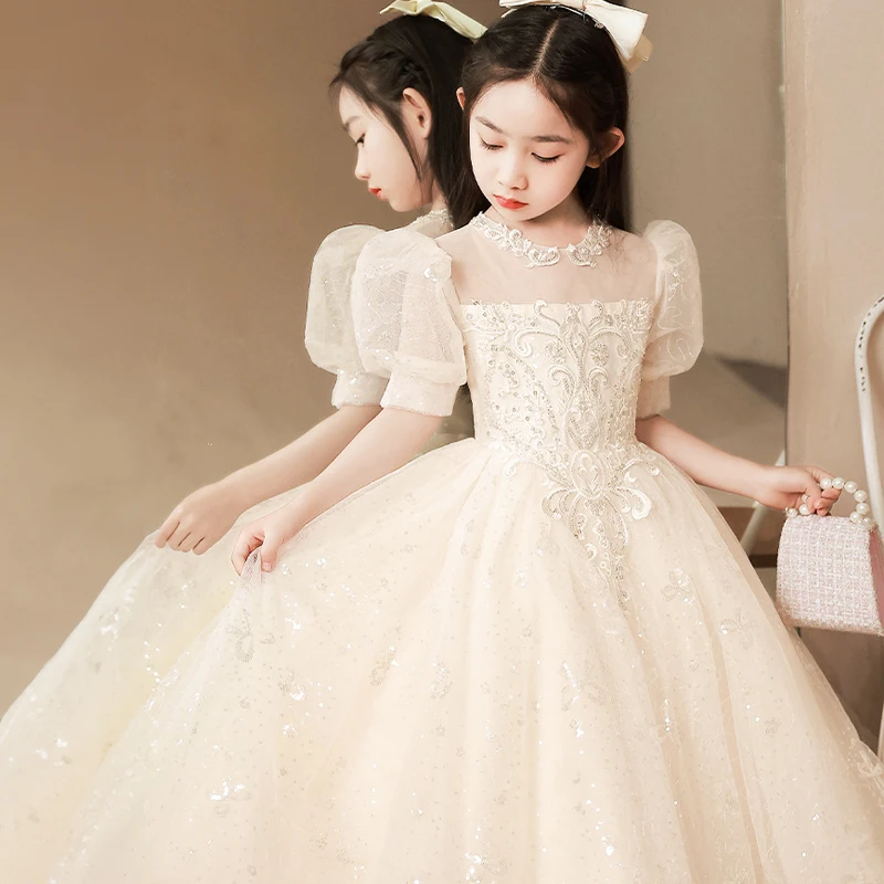 Champagne Beauty Pageant Dresses for Little Girl Kids Weddings Birthday Party Luxury Evening Gowns Children Cute Christmas Dress