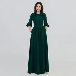 Elegant Vintage Bohemian Dress For Women Autumn Casual Loose Women'S O Neck Long Sleeve Belt A Line Long Dresses Robe Femme