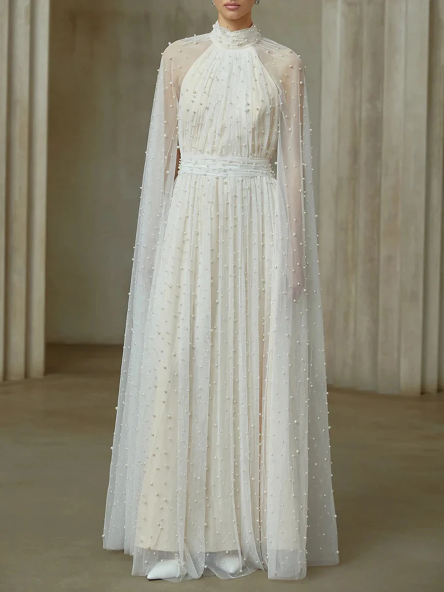 TWOTWINSTYLE Solid Sheer Spliced Bead Luxurious Dresses for Women Stand Neck Long Sleeves Tunic Patchwork Shirring Dress Female