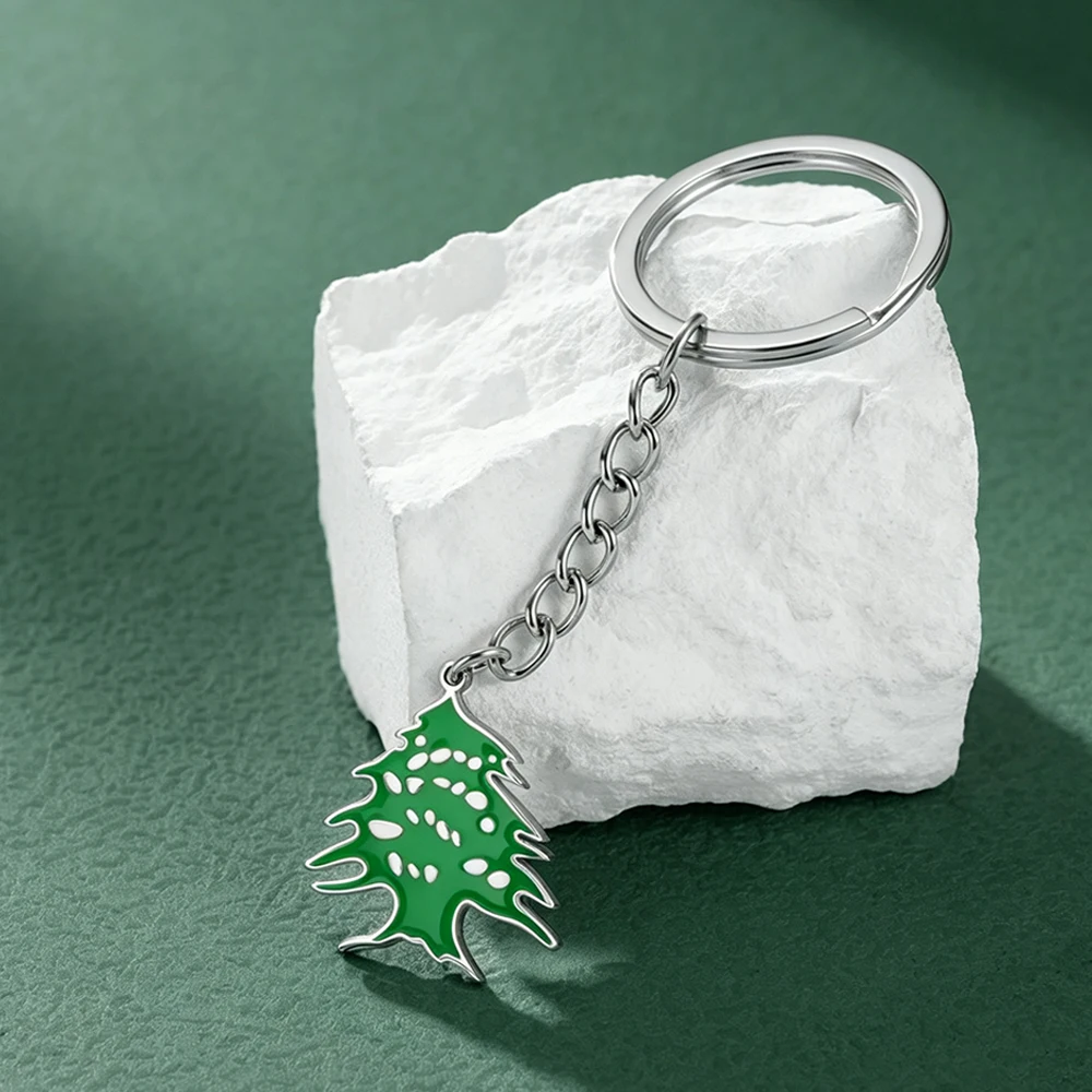 Lebanon Cedar Tree Keychain Stainless Steel Green Enamel Hollow Cutout Cedar Key Ring Lebanese Patriotic Souvenir Jewelry Gift