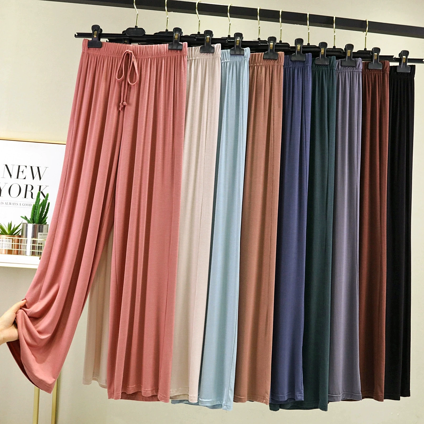 Damen Knöchellange Weite Hosen Lässige Sommer Einfarbige Elastische Taille Lose Eisseide Hosen Frühling Sommer Damenhosen