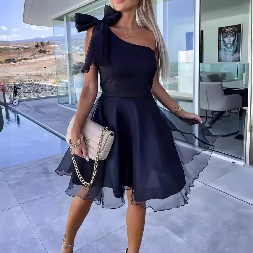 Robe de soirée pour femmes, épaule simple, sans manches, couture en maille, taille haute, ligne a, Slim, couleur unie, Maxi, robes Sexy
