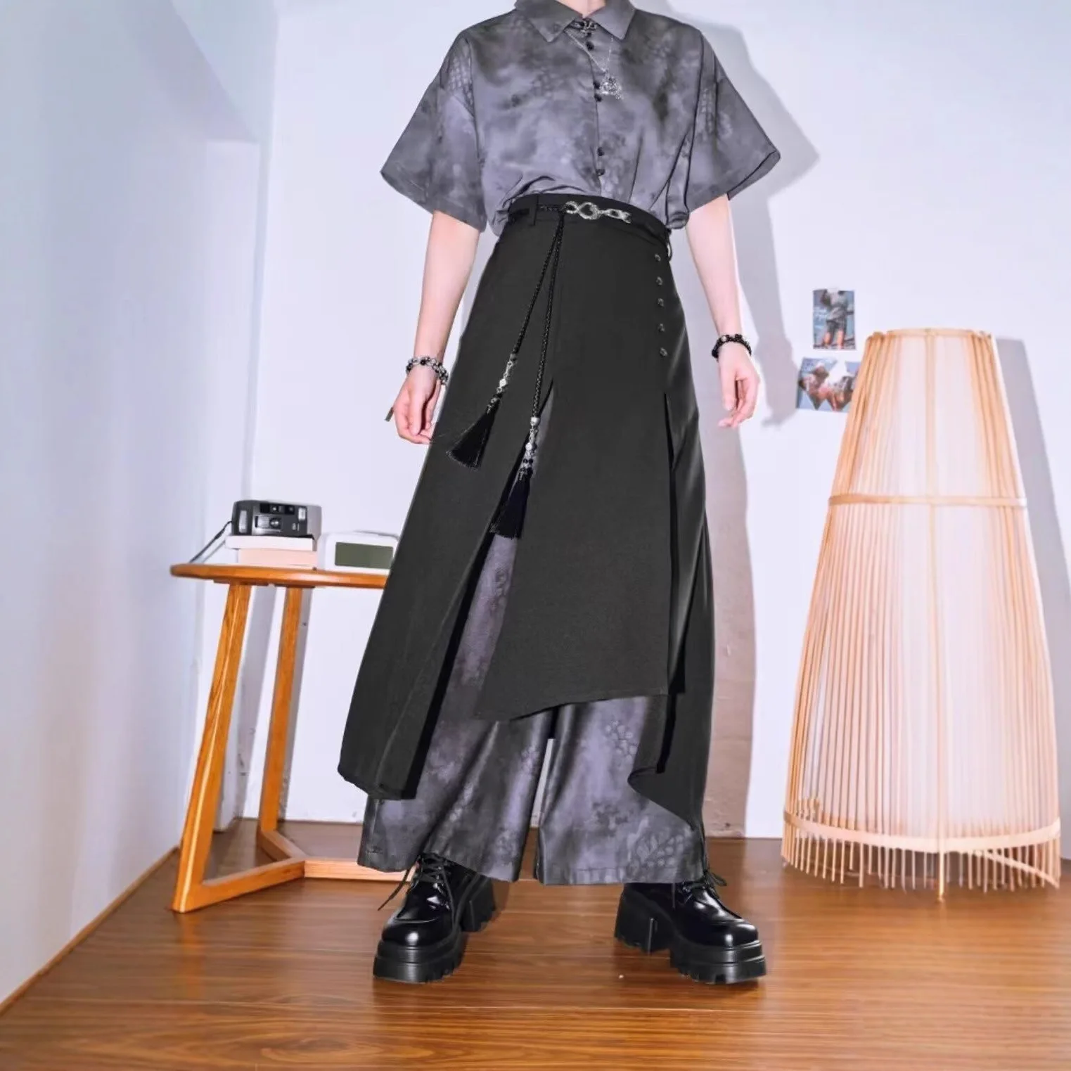 Asymmetric Hakama Women's Pants Vintage Layered Patchwork Skirt Trousers Loose Fit Wide Leg Japanese Streetwear Chinese Style
