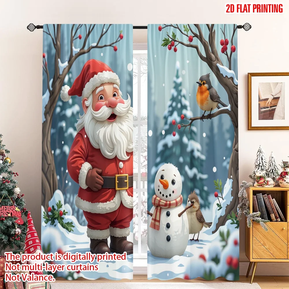 

2pcs 2D flat printing Christmas Drapes Santa Snowman Birds Winter Polyester Without Electricity Festive Wall Decor Perfect for