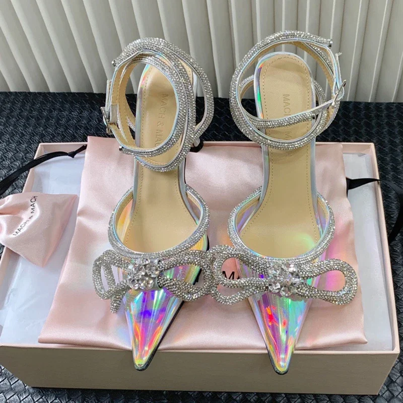 

Bowknot Rhinestone Pointed High Heel Sandals PVC Sexy Xi'g Slim Heel Sandals Wrapped Head Slippers for Women