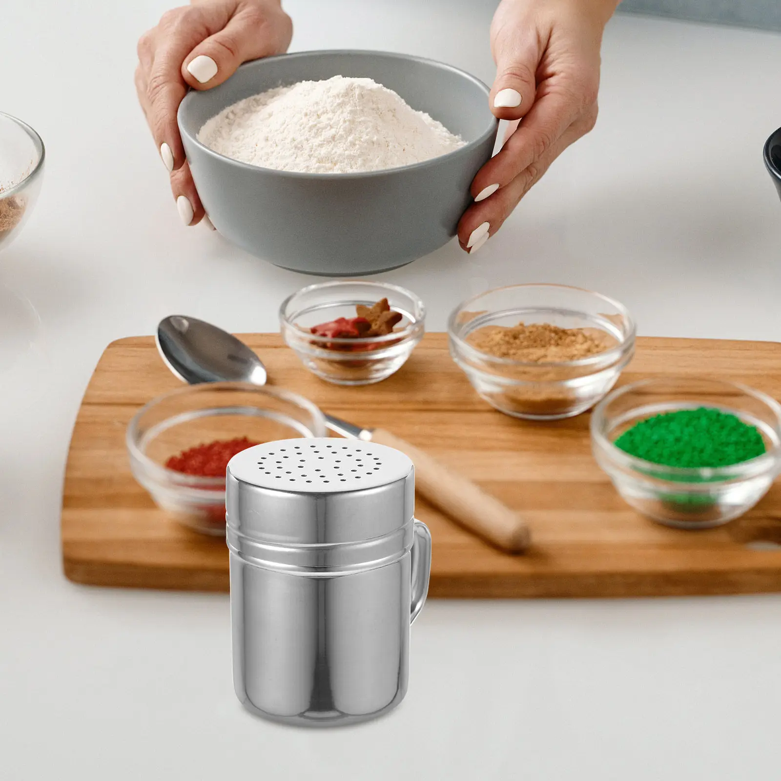Stainless Steel Seasoning Dispenser with Handle – Medium Kitchen Canister for Salt, Pepper & Sugar
