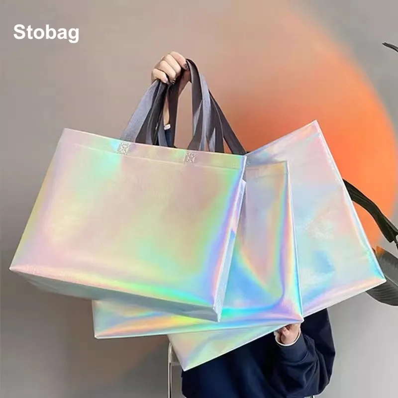 StoBag Personalize Laser Non-woven Tote Shoulder Bag Shopping Fabric Woman Storage Reusable Large Pouches Custom Logo(Extra Fee)