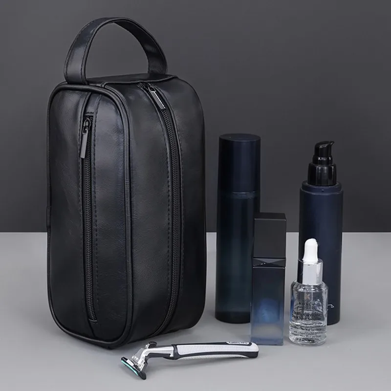 

Men Retro PU Leather Wash Bag Travel Business Trips Portable Cosmetic Bag Large Capacity Design Handheld Waterproof Wash Bag