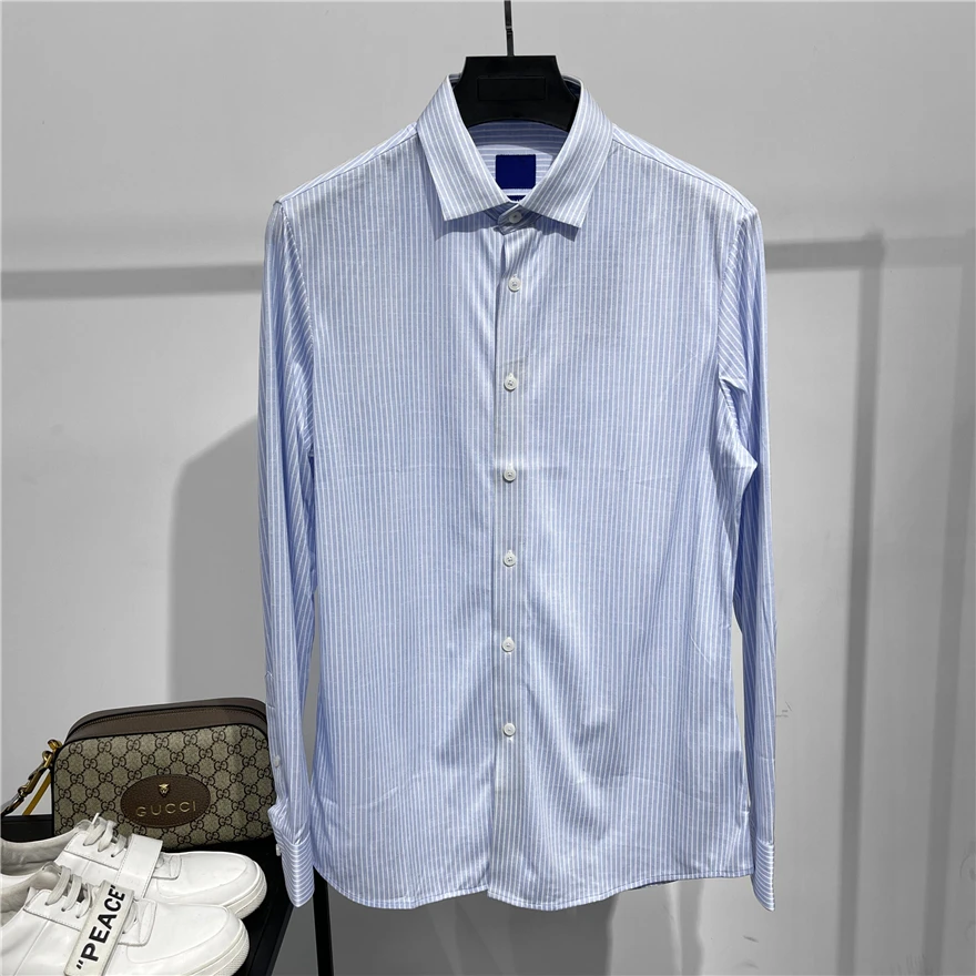 

Premium Anti-Wrinkle Long Sleeve Windsor Collar Slim Fit Light Blue Striped Elastic Shirt Fashionable Urban Cotton Silk Blend