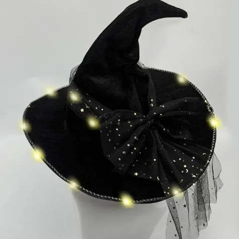 New Halloween Pleated Witch Hat Party Hat with Lights Black Velvet Witch Hat Makeup Prop