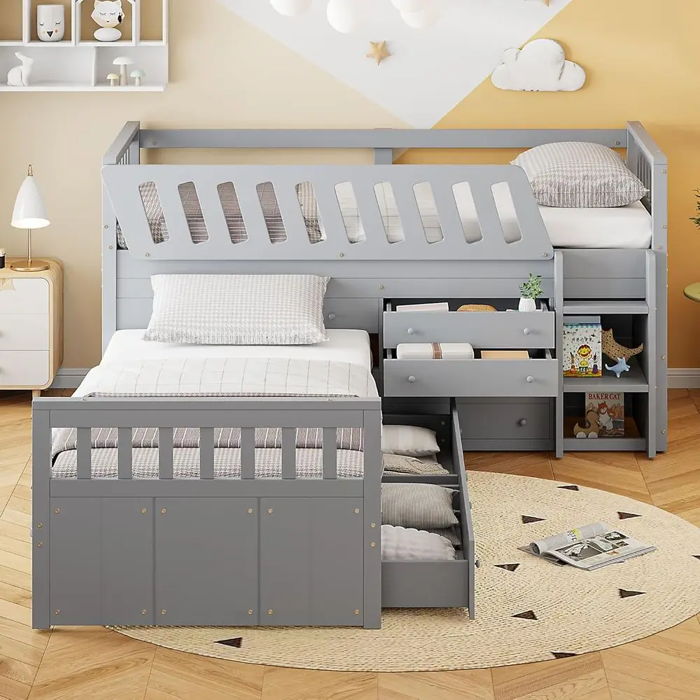

Twin Size Low Loft Bed Set with L-Shaped Design, 7 Storage Drawers, and Full Guardrails, Ideal for Kids' Rooms in Grey