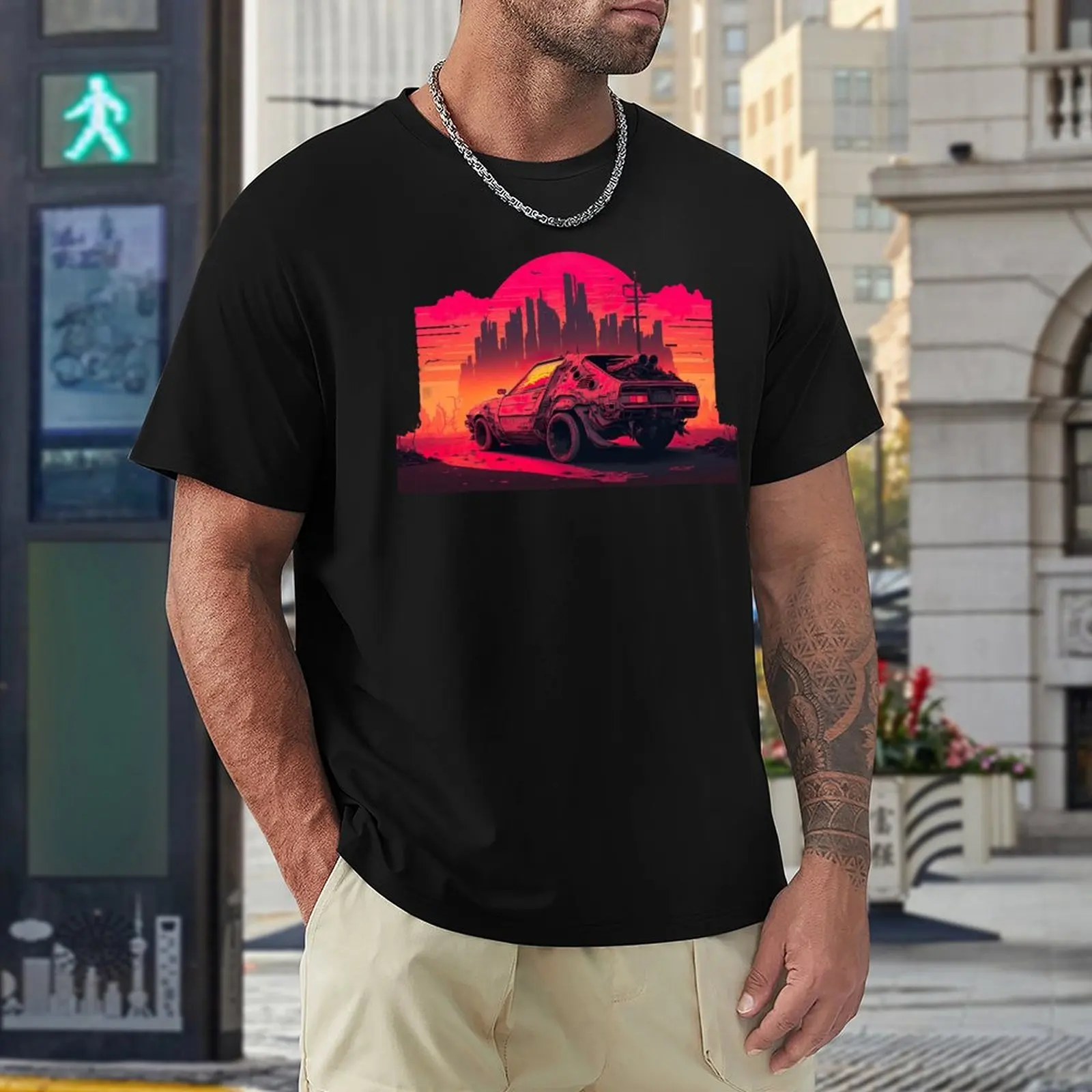 Post Apocalyptic Car Parked In Front Of A Dystopia T-shirt Harajuku Motion Tees Graphic Vintage Aactivity Competition Humor Grap