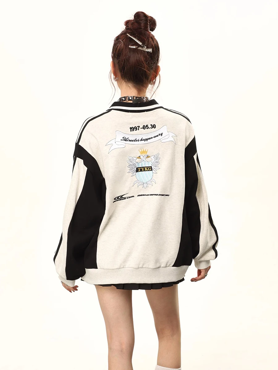 REDDACHiC 90s Vintage Stitch Women Sweatshirt Embroidered Graphic Color Block Korean Stylish Casual Long Sleeves Pullover Top