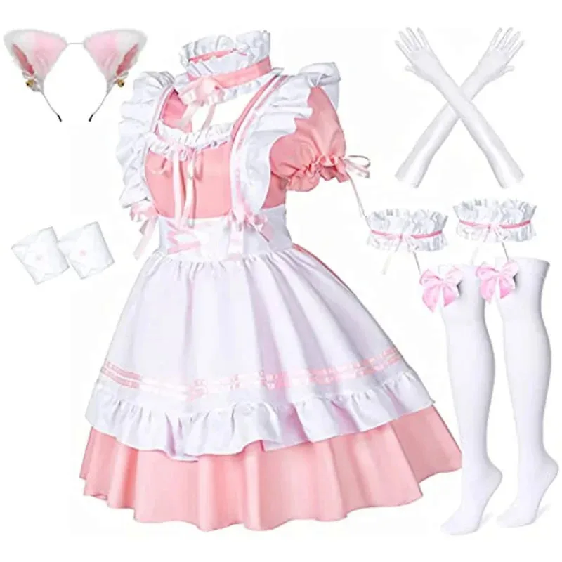 New 2025 Anime French Maid Apron Lolita Fancy Dress Cosplay Costume Furry Cat Ear Gloves Socks Set☆★☆★qq