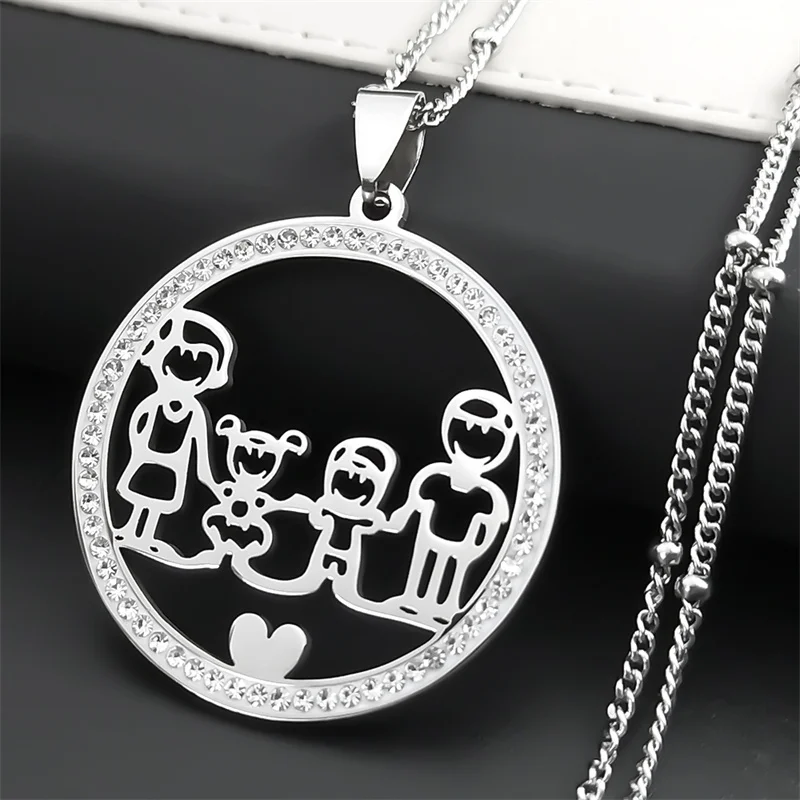 Family Boy Gril Stainless Steel Necklace for Women Silver Color Crystal Necklace Jewelry Collares Christmas Gift N03S01