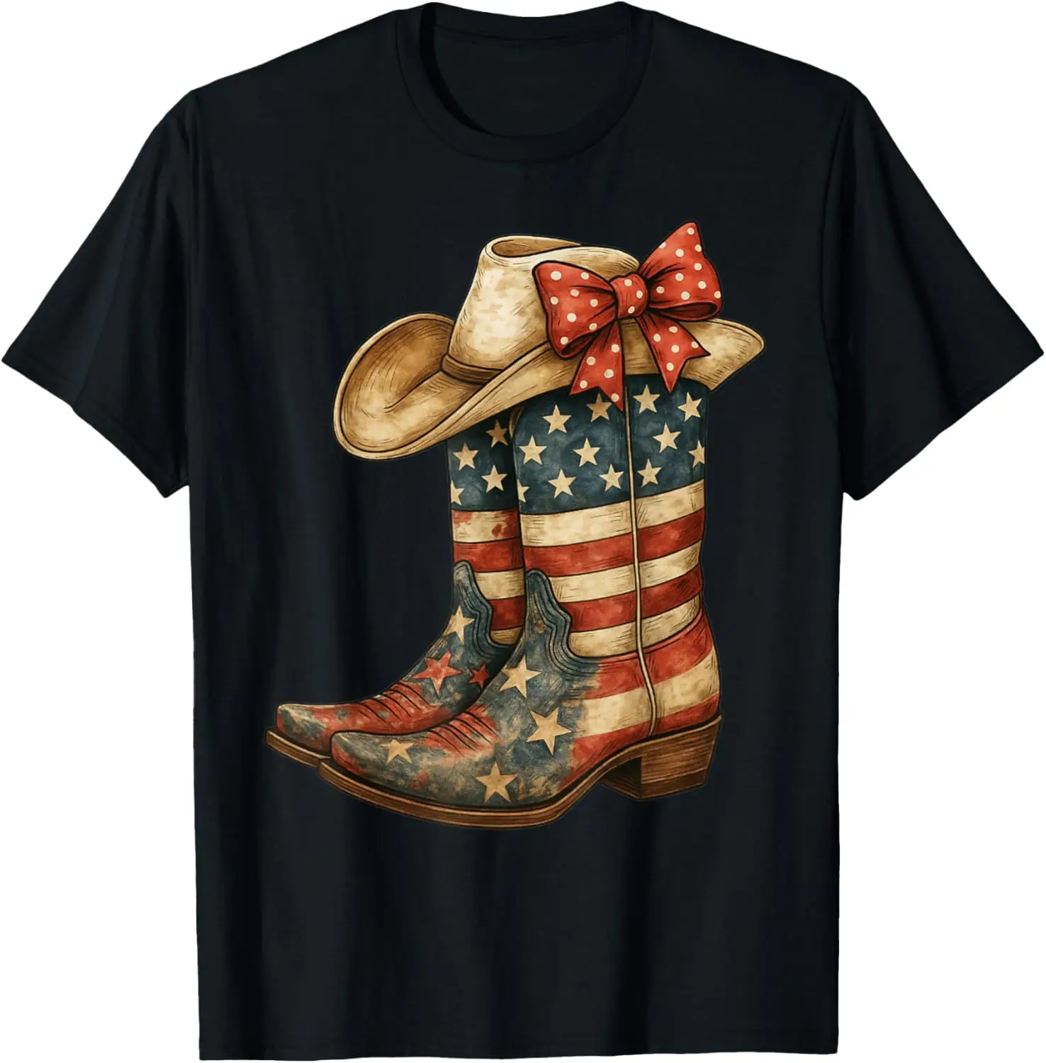 

American Flag Cowboy Boots and Hat Graphic T-Shirt Retro Western Cowgirl Patriotic Tee