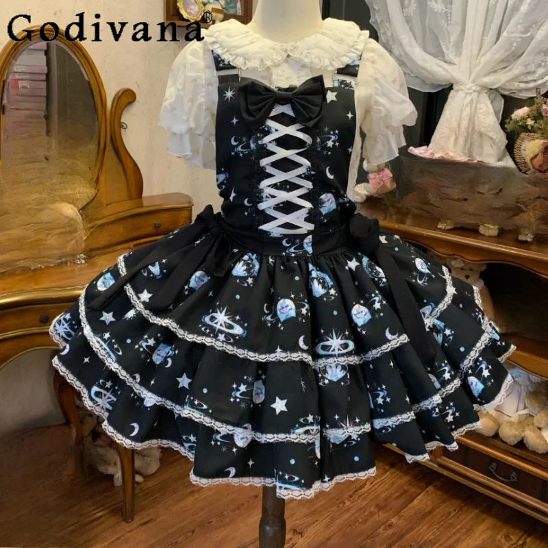 New Sweet Girl Cute Bow Slash Neck Suspender Dress Fashion High Waist A-line Versatile Age Reduction Print Princess Dresses