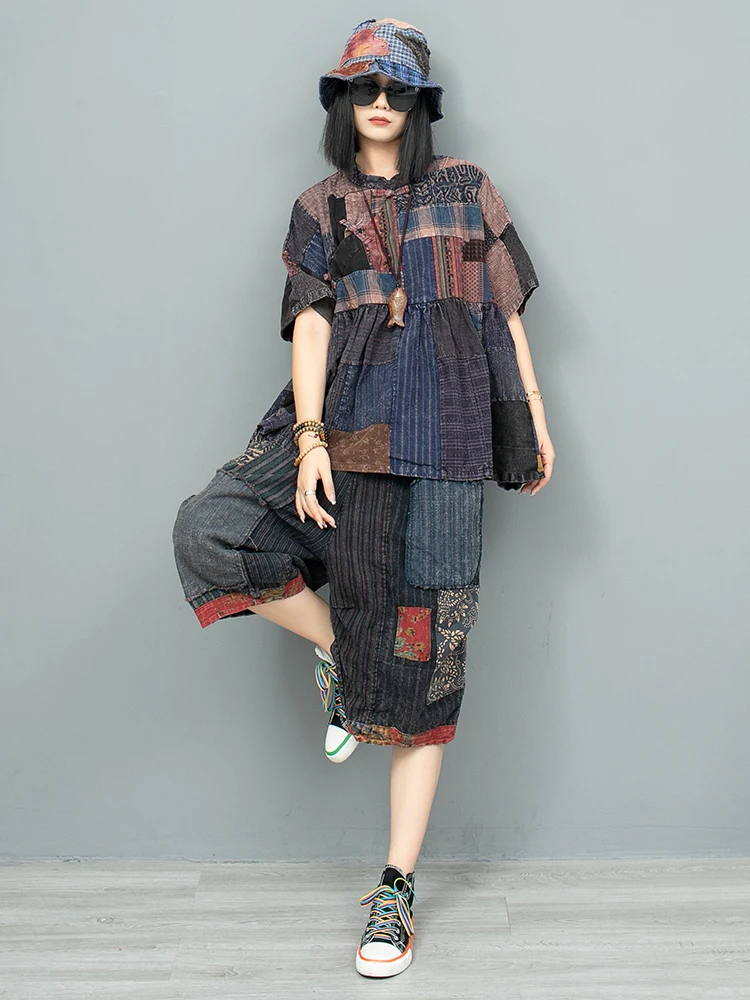 Heavy Industry Splicing Plate Buckle Old Cloth Short Sleeved Shirt + Calf Length Pant Two Piece Set Women 2024 Autumn LX1842