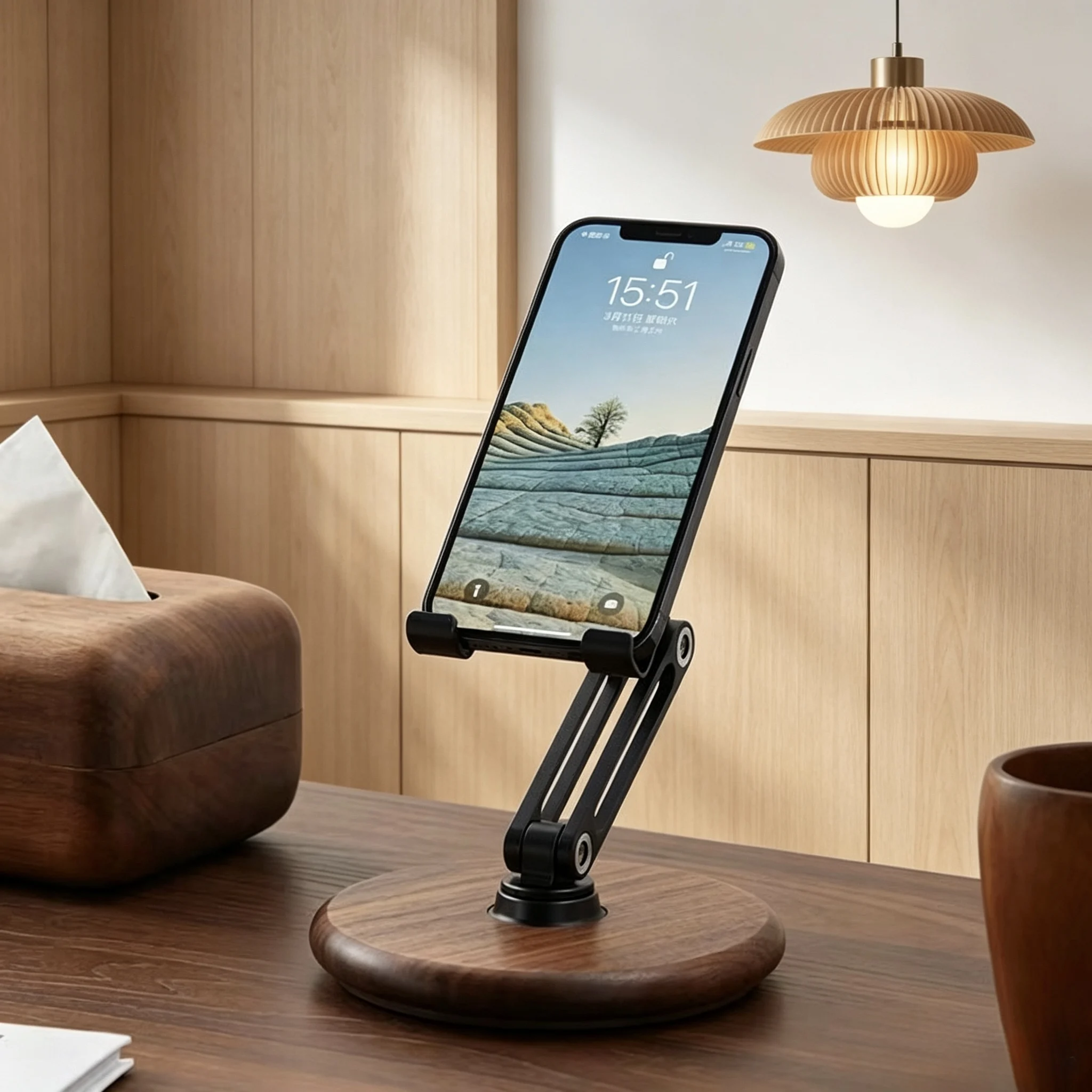 Solid wood high-end lazy mobile phone tablet bracket folding lift 360 rotating drama watching artefact desktop live broadcast br