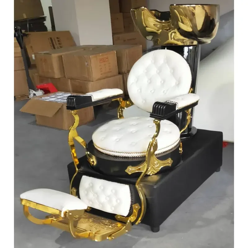 

Luxury White Leather Black Barber Chair With European Style Hair Wash Bowl For Salon Spa
