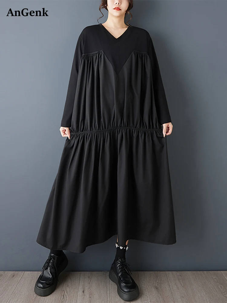 

Платье оверсайз в стиле пэчворк с плиссировкой для женщин, новое, с длинным рукавом, свободное, повседневное, винтажное, длинное, элегантное, весна-осень 2026