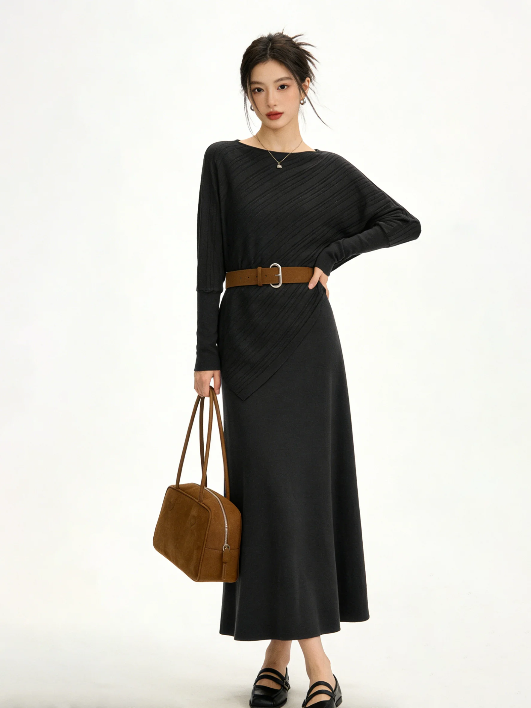 

Retro ey Slimming Knitted Batwing Sve Set High Waist Comfortable Spring Faion Casual Sle Breathable Spring Collection