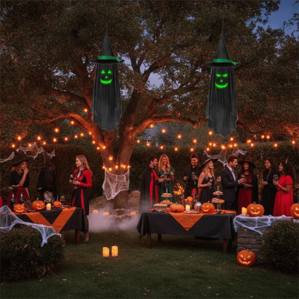 Chapeau de Sorcier Fantôme Lumineux Fluorescent pour Halloween, Sans Alimentation Électrique, Décoration Suspendue Effrayante