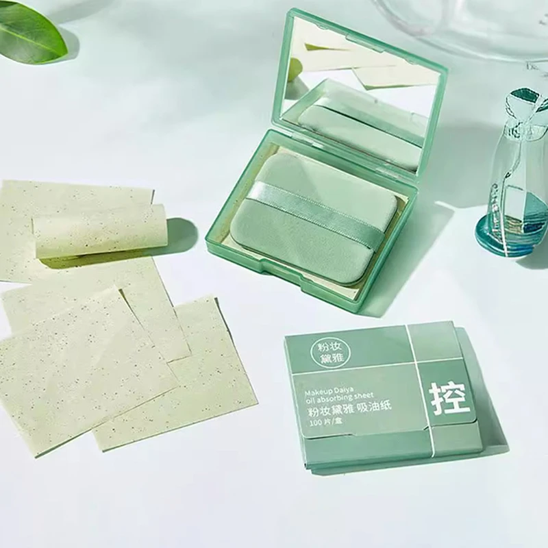 200/100PC Face Oil Blotting Papers with Mirror&Makeup Puff Refreshing Portable Oil Control Tool Kits Facial Oil Absorbing Sheets