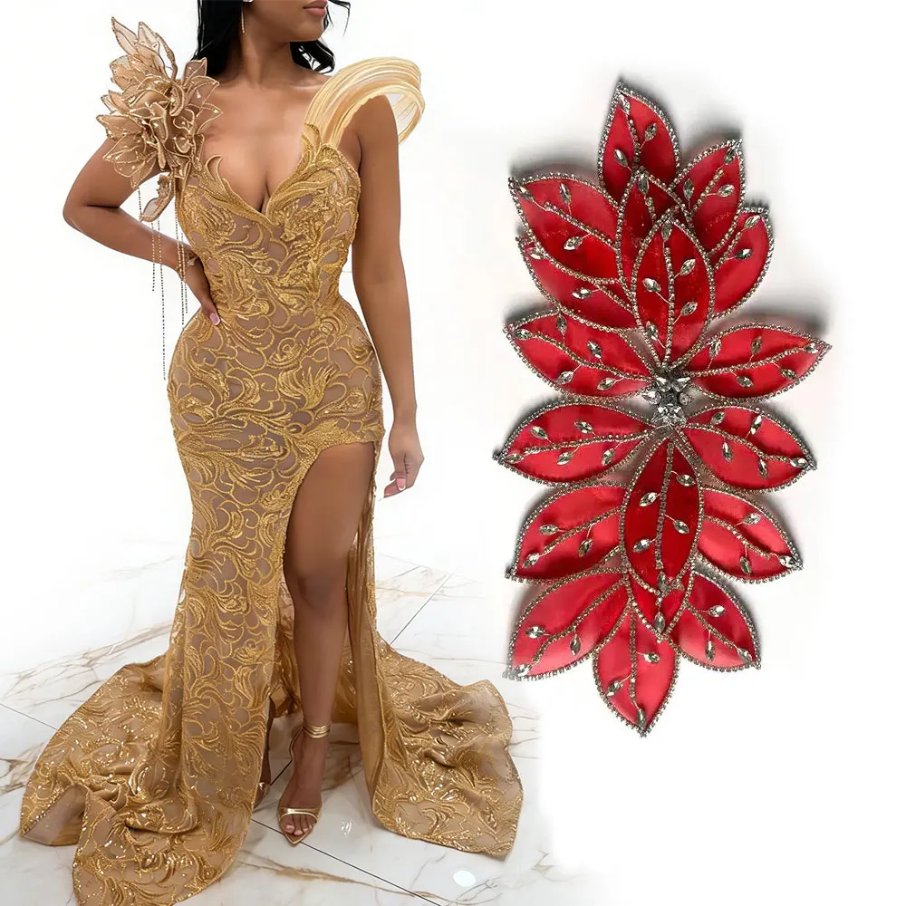 

Luxury Red Leaf Applique with Rhinestone Embellishments – Perfect for Bridal Sashes, Wedding Dresses & Formal Gowns